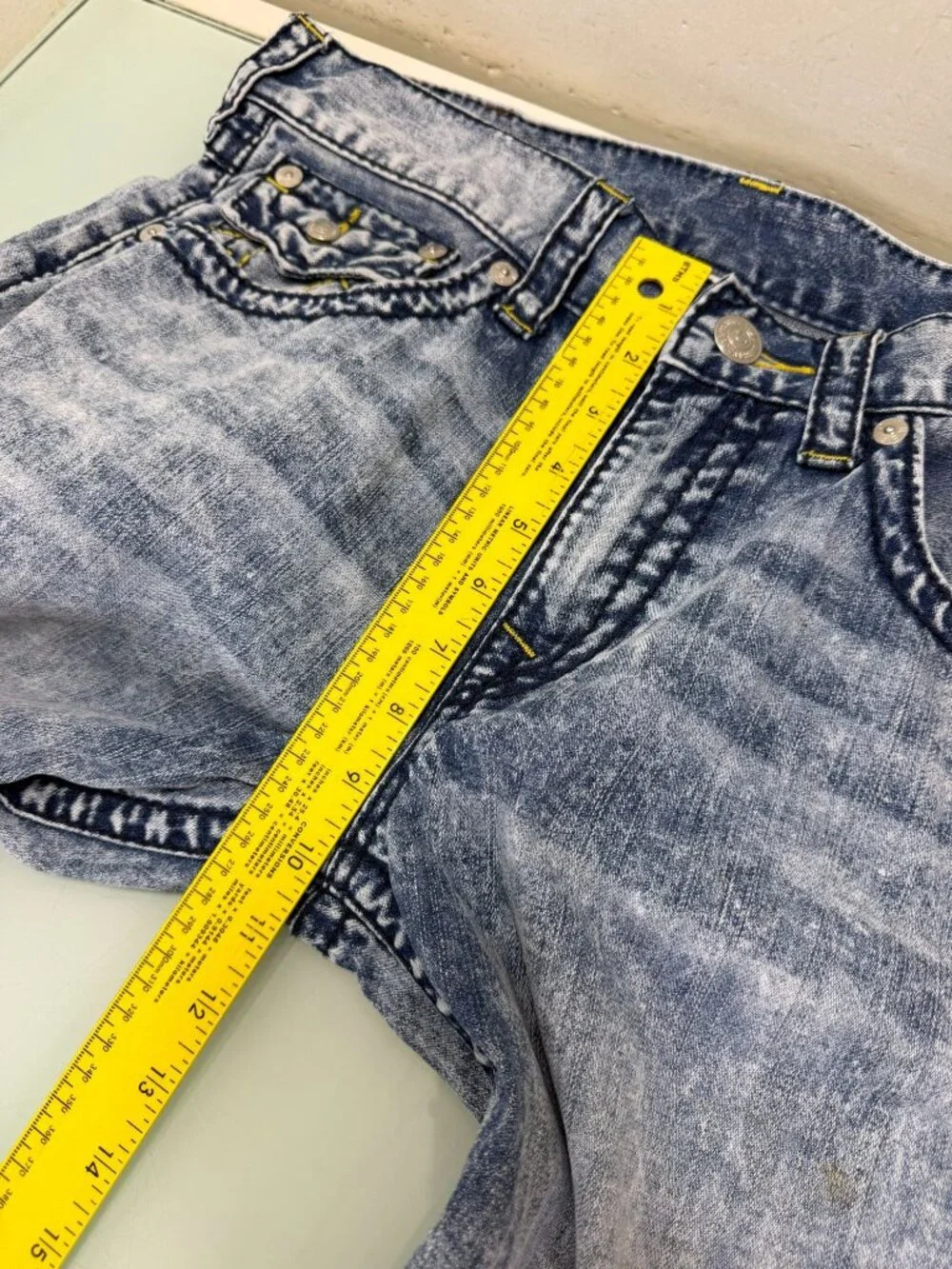 True Religion Acid Wash jeans Mens 34X33 Straight 100% Cotton Flap Pockets Y2K